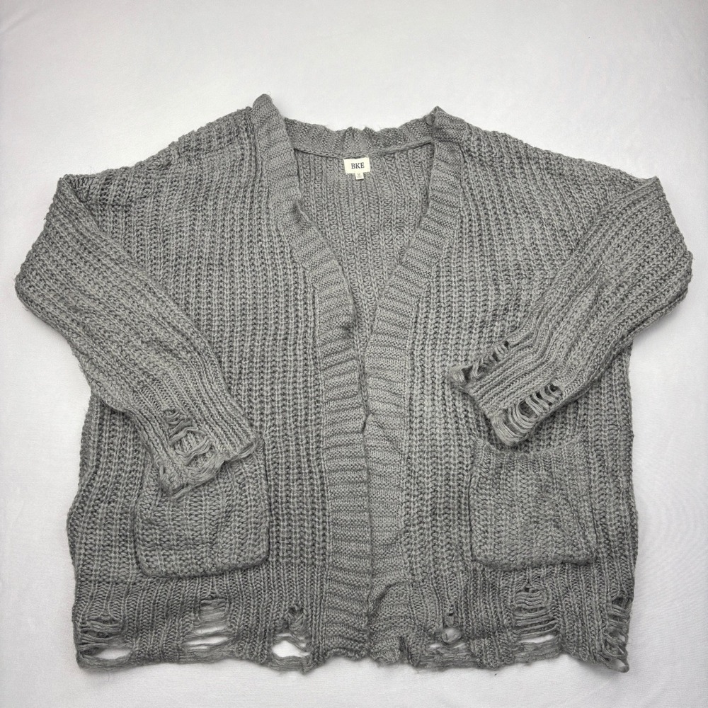 BKE Cardigan Sweater Womens Medium Grey Chunky Rib Knit Distressed Open Front M
